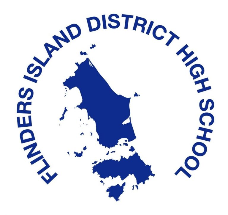 Flinders Island District High School logo. Includes a graphic map of Flinders Island.