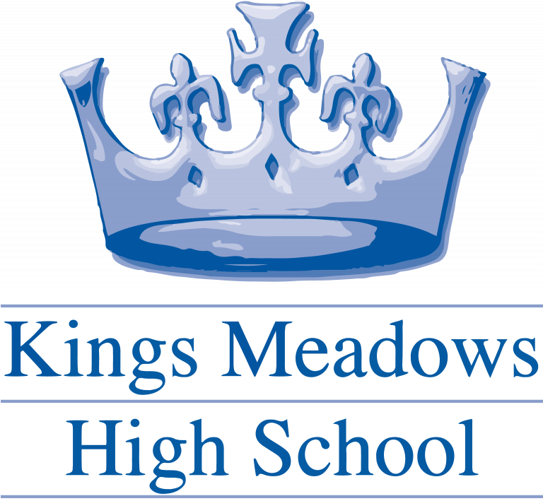 Kings Meadow High School logo. Includes a graphic of a blue crown.