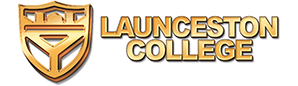 Launceston College logo. Includes graphic of a gold crest.