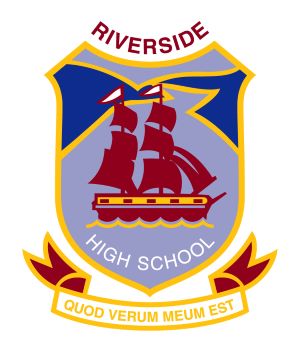 Riverside High School logo. Includes latin text of 'Quod verum meum est'. Logo includes a graphic of a red boat on the crest.