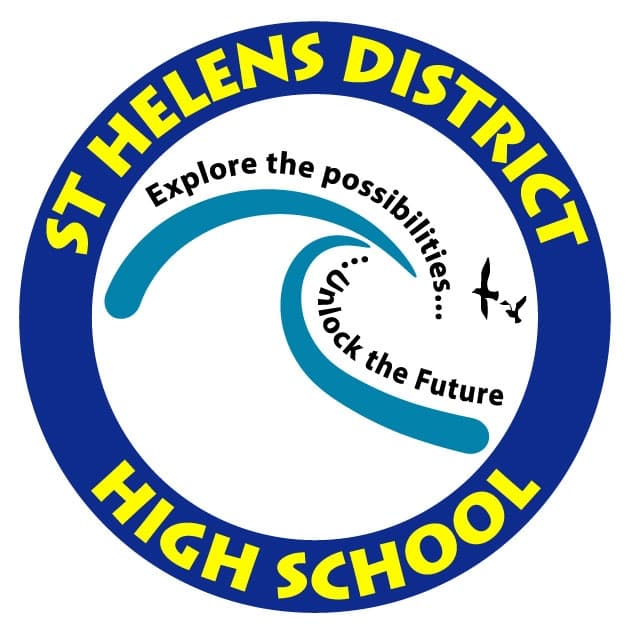 St Helens District High School logo. Includes the text 'Explore the possibilities...unlock the future' and the outline of a wave and two small birds.