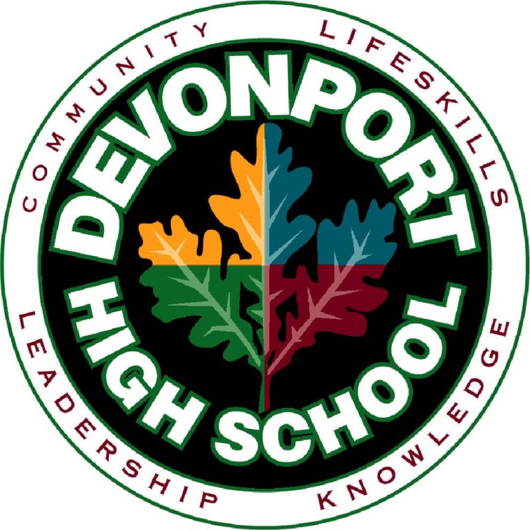 Devonport High School logo. Includes the text words f 'Community', Lifeskills', 'Leadership' and 'Knowledge'.