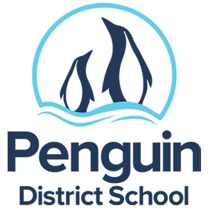 Penguin District School logo. Includes a graphic of two penguins.