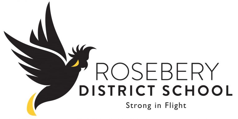 Rosebery District School logo. Includes the text 'Strong in Flight' and a graphic of a black cockatoo.