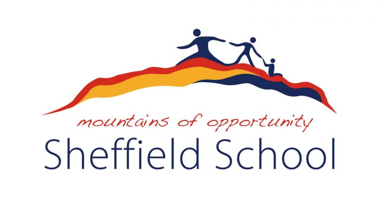 Sheffield School logo. Includes the text 'mountains of opportunity' and a graphic of three people on a red, yellow and blue wave shape.