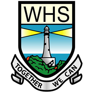 Wynyard High School logo. Includes the text WHS and 'Together we can'. A graphic of a lighthouse is shown on the crest.
