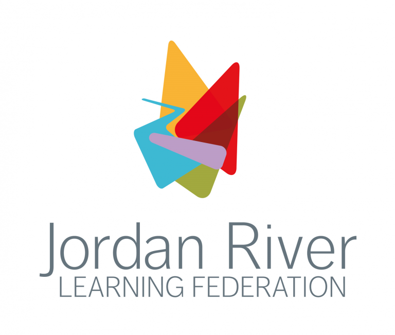 Jordan River Learning Federation logo. Includes a coloured graphic of four triangle shapes and a winding path.