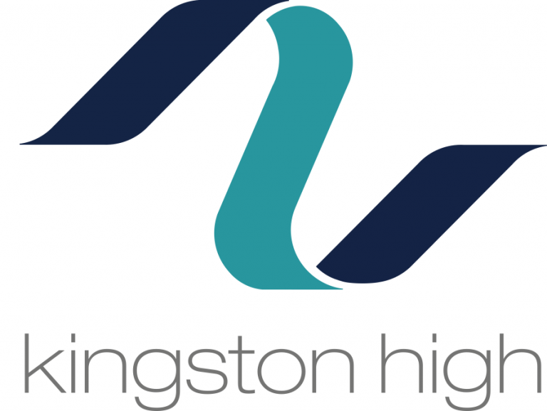 Kingston High logo. Includes a blue and aqua wave graphic.