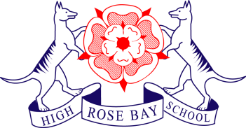 Rose Bay High School logo. Includes a graphic outline of two Tasmanian tigers with a red flower between them.