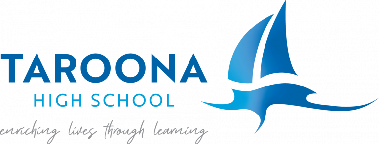 Taroona High School logo. Includes text 'Enriching lives through learning' and graphic of a blue yacht.