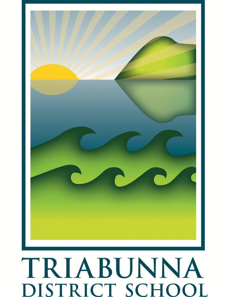 Triabunna District School logo. Graphic includes a seascape with mountain, waves and sunset.